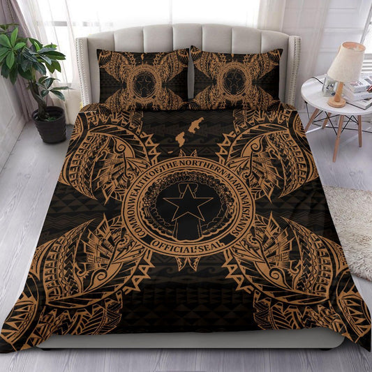 Polynesian Bedding Set - Northern Mariana Islands Duvet Cover Set Map Gold