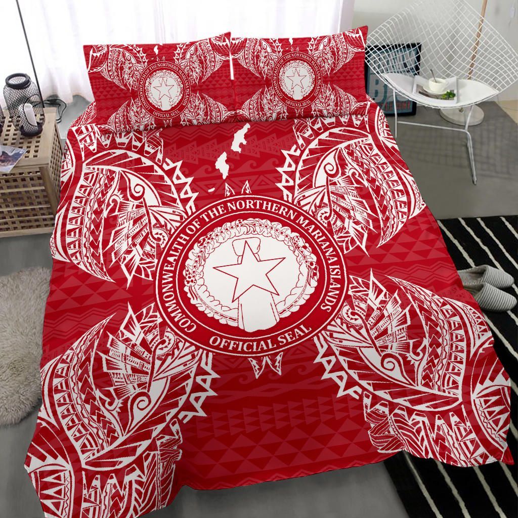 Polynesian Bedding Set - Northern Mariana Islands Duvet Cover Set Map Red White