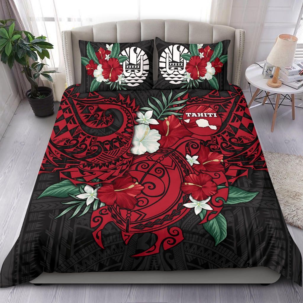 Polynesian Bedding Set- Tahiti Duvet Cover - Hibiscus And Sea Turtle (Red)