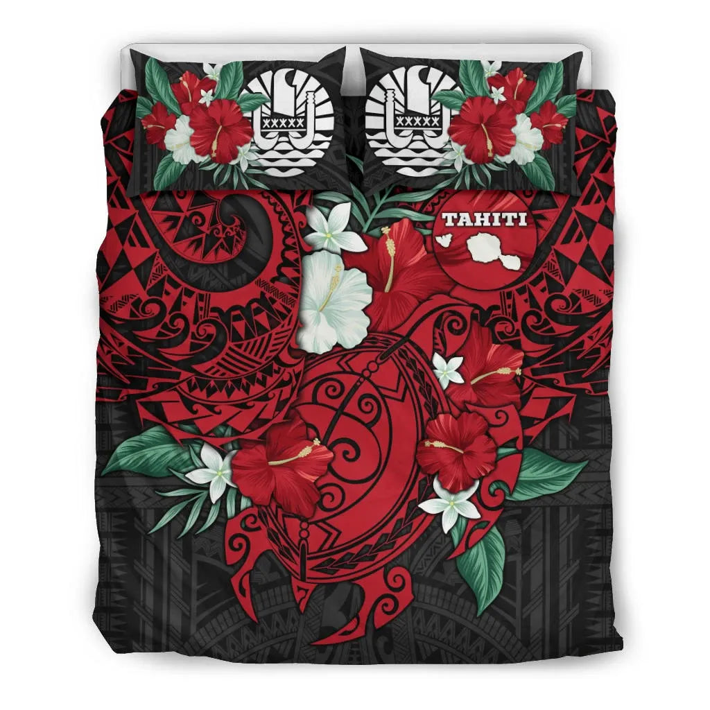 Polynesian Bedding Set- Tahiti Duvet Cover - Hibiscus And Sea Turtle (Red)