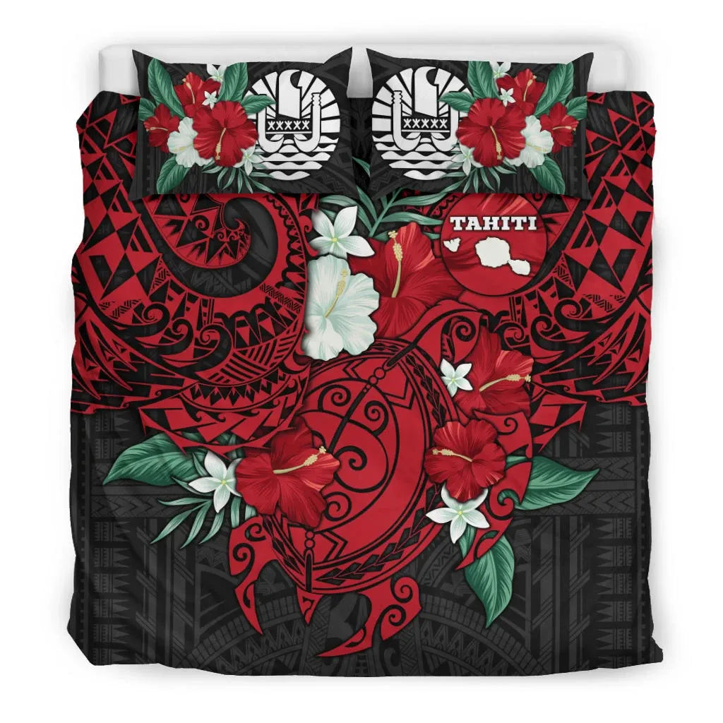 Polynesian Bedding Set- Tahiti Duvet Cover - Hibiscus And Sea Turtle (Red)