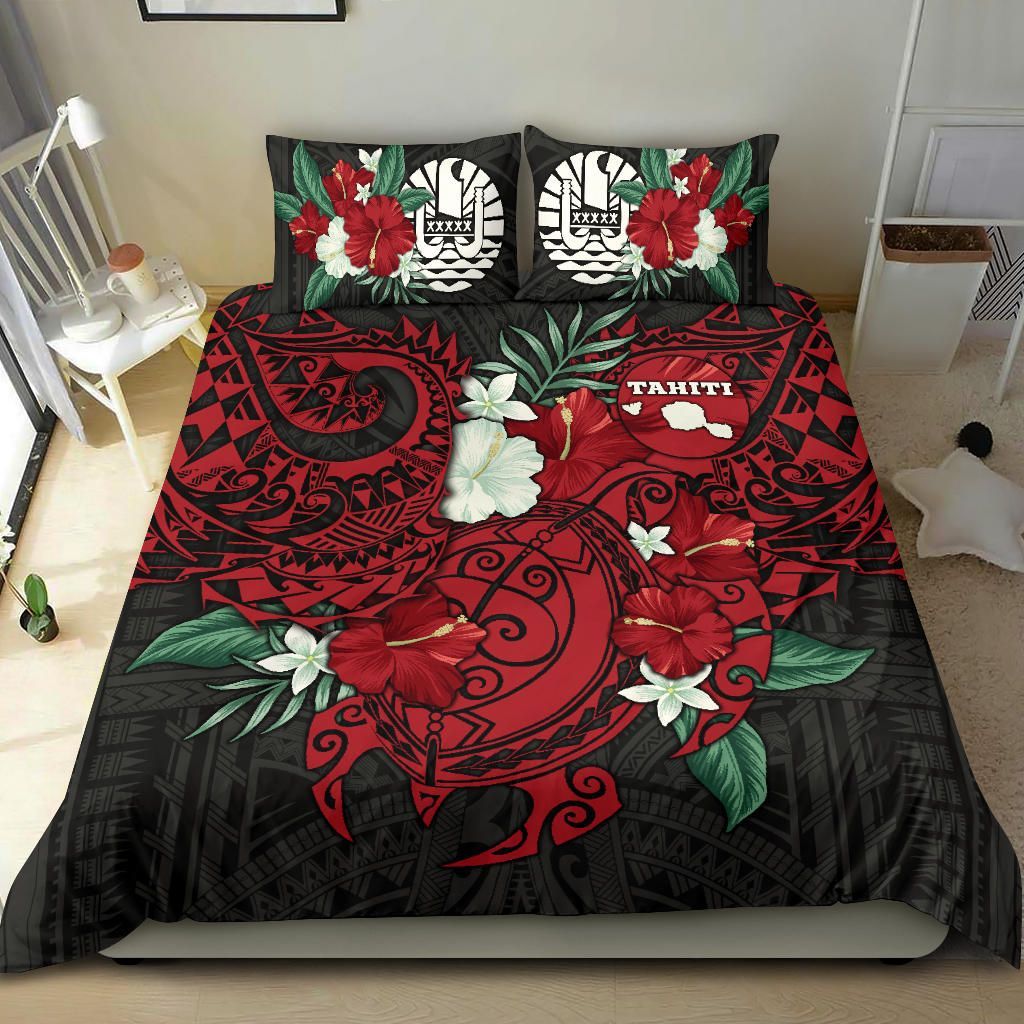 Polynesian Bedding Set- Tahiti Duvet Cover - Hibiscus And Sea Turtle (Red)