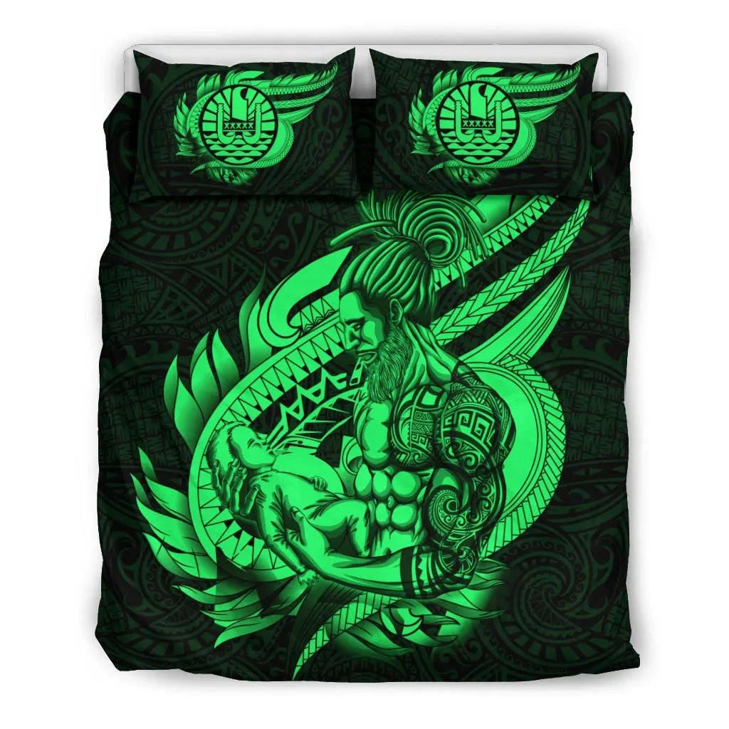 Polynesian Bedding Set - Tahiti Duvet Cover Set Father And Son Green