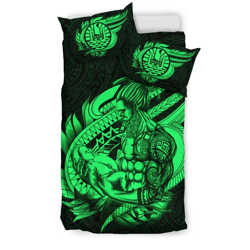 Polynesian Bedding Set - Tahiti Duvet Cover Set Father And Son Green