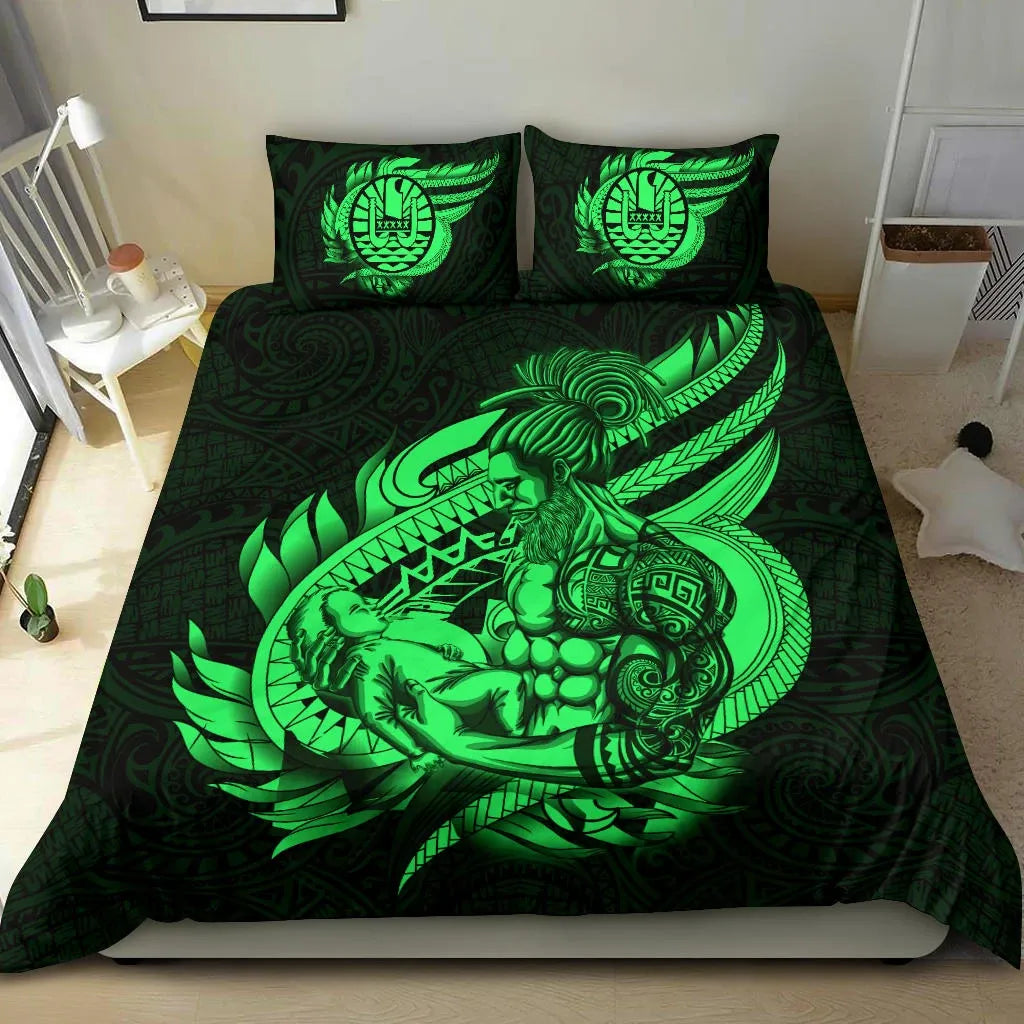 Polynesian Bedding Set - Tahiti Duvet Cover Set Father And Son Green