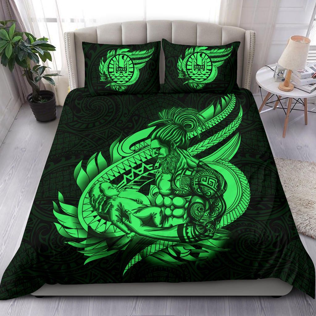 Polynesian Bedding Set - Tahiti Duvet Cover Set Father And Son Green