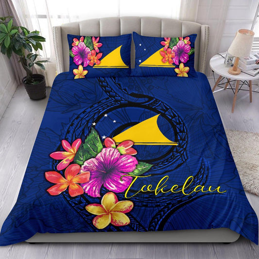 Polynesian Bedding Set - Tokelau Duvet Cover Set Floral With Seal Blue