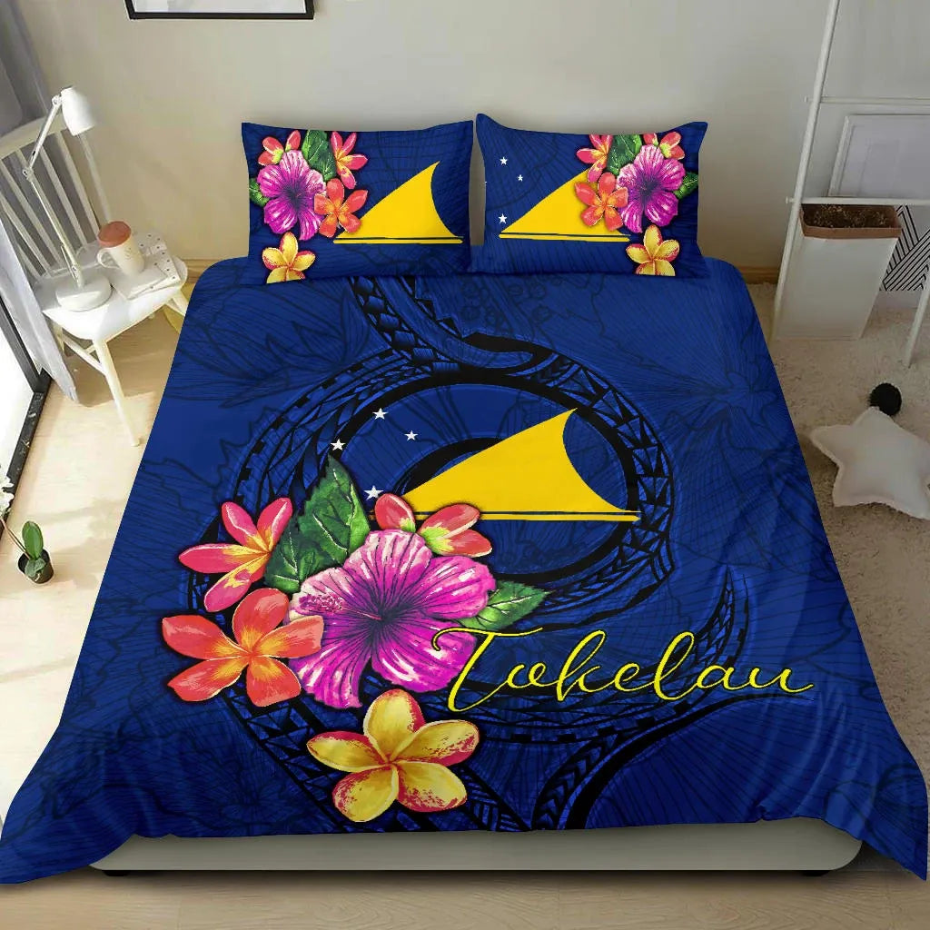 Polynesian Bedding Set - Tokelau Duvet Cover Set Floral With Seal Blue
