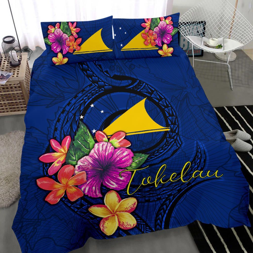 Polynesian Bedding Set - Tokelau Duvet Cover Set Floral With Seal Blue