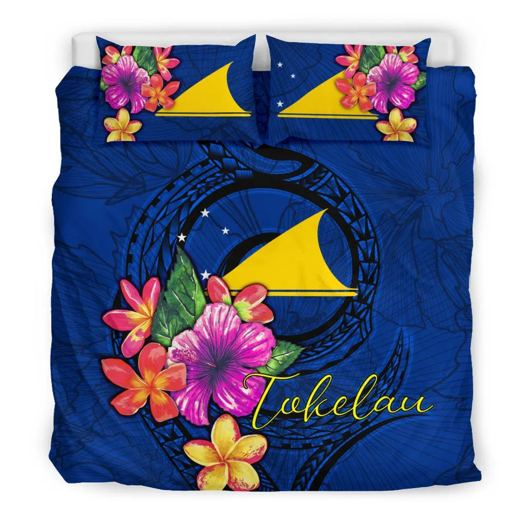 Polynesian Bedding Set - Tokelau Duvet Cover Set Floral With Seal Blue
