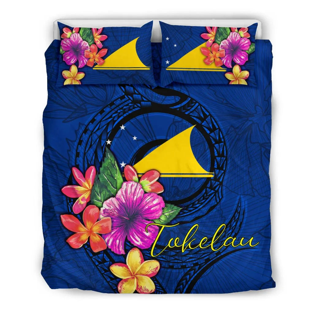 Polynesian Bedding Set - Tokelau Duvet Cover Set Floral With Seal Blue