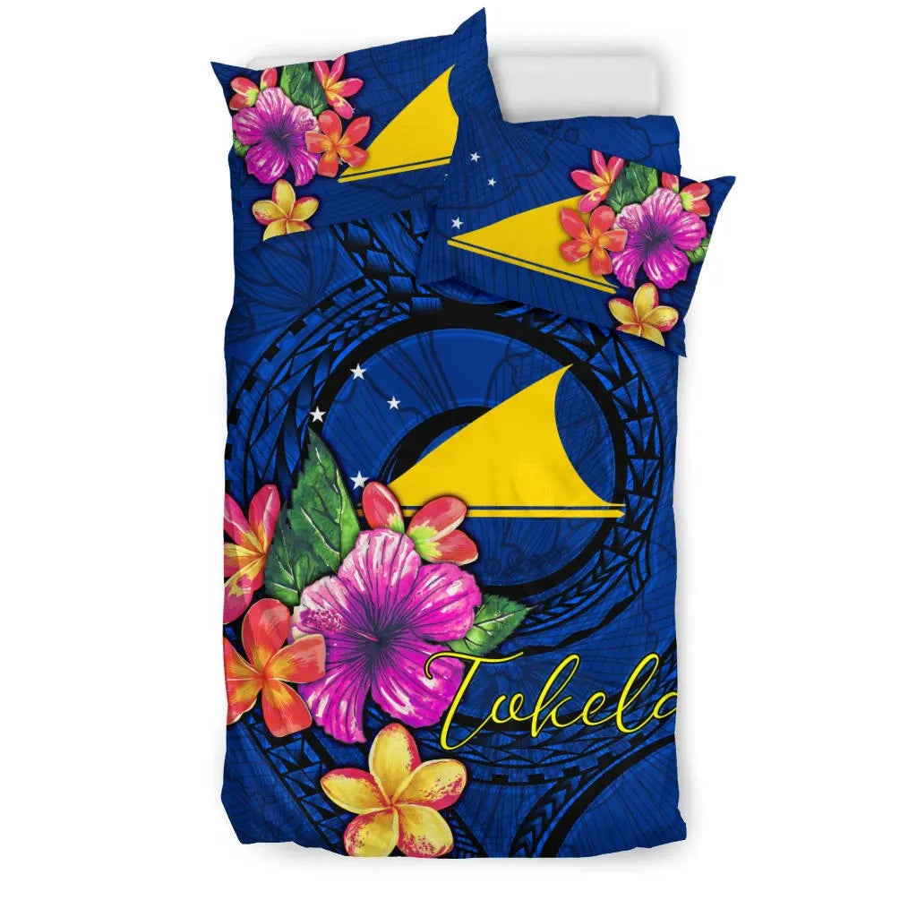 Polynesian Bedding Set - Tokelau Duvet Cover Set Floral With Seal Blue