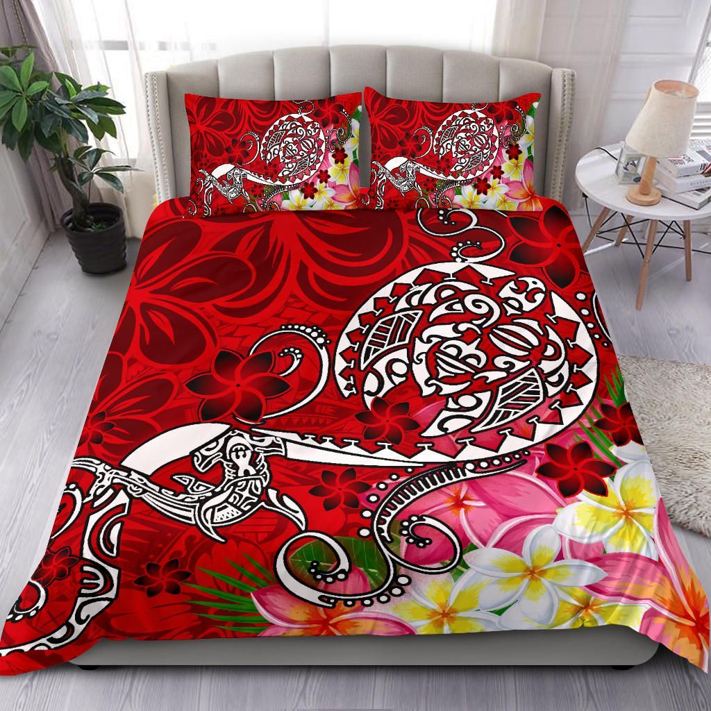 Polynesian Bedding Set - Turtle Plumeria Red Color