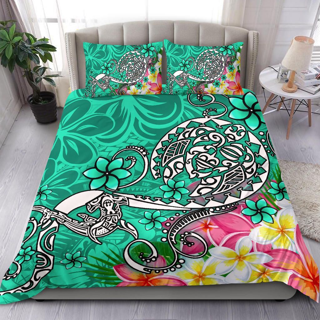 Polynesian Bedding Set - Turtle Plumeria Turquoise Color