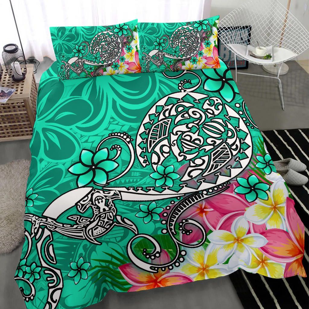 Polynesian Bedding Set - Turtle Plumeria Turquoise Color
