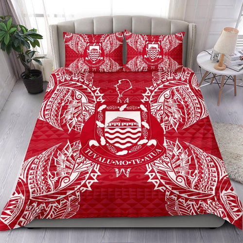 Polynesian Bedding Set - Tuvalu Duvet Cover Set Map Red White