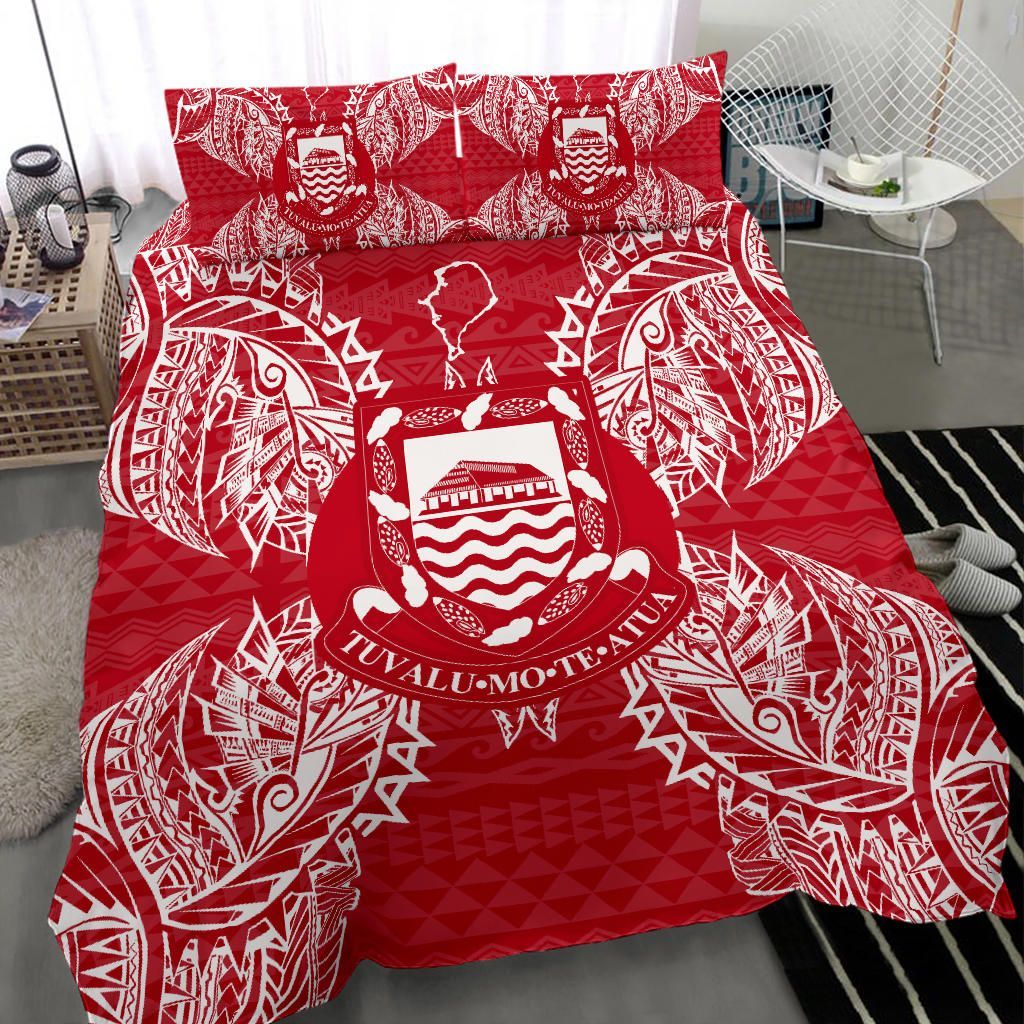 Polynesian Bedding Set - Tuvalu Duvet Cover Set Map Red White