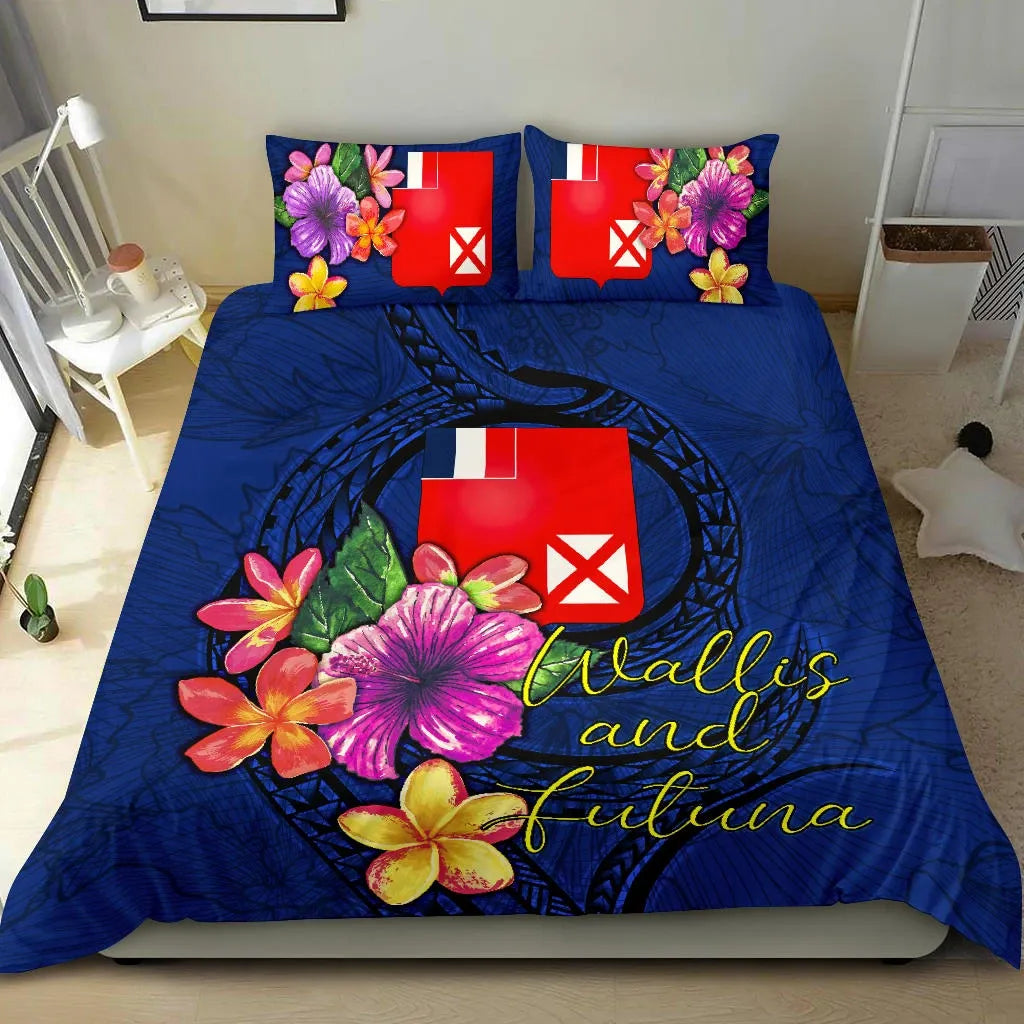 Polynesian Bedding Set - Wallis And Futuna Duvet Cover Set Floral With Seal Blue