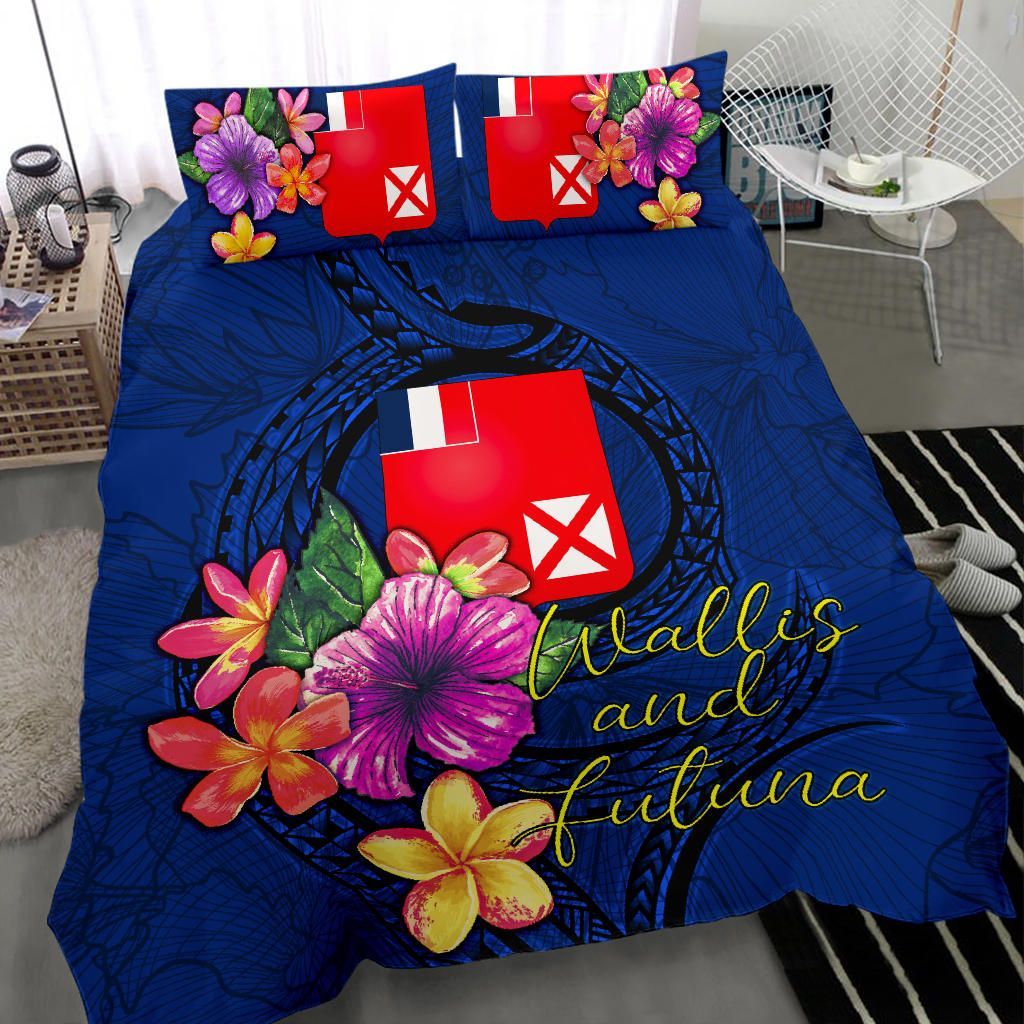 Polynesian Bedding Set - Wallis And Futuna Duvet Cover Set Floral With Seal Blue