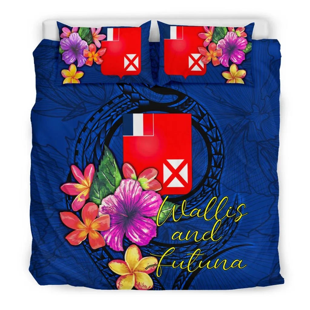 Polynesian Bedding Set - Wallis And Futuna Duvet Cover Set Floral With Seal Blue