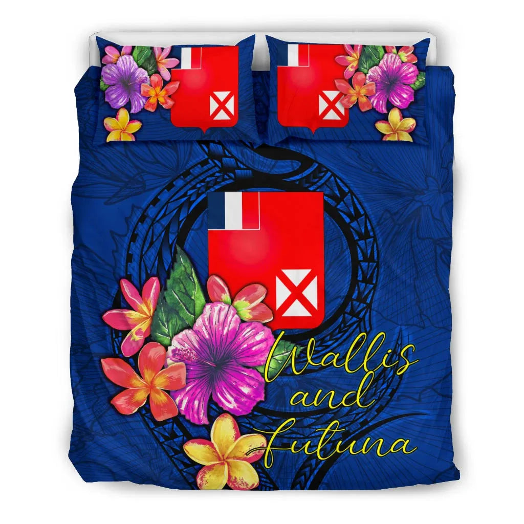 Polynesian Bedding Set - Wallis And Futuna Duvet Cover Set Floral With Seal Blue