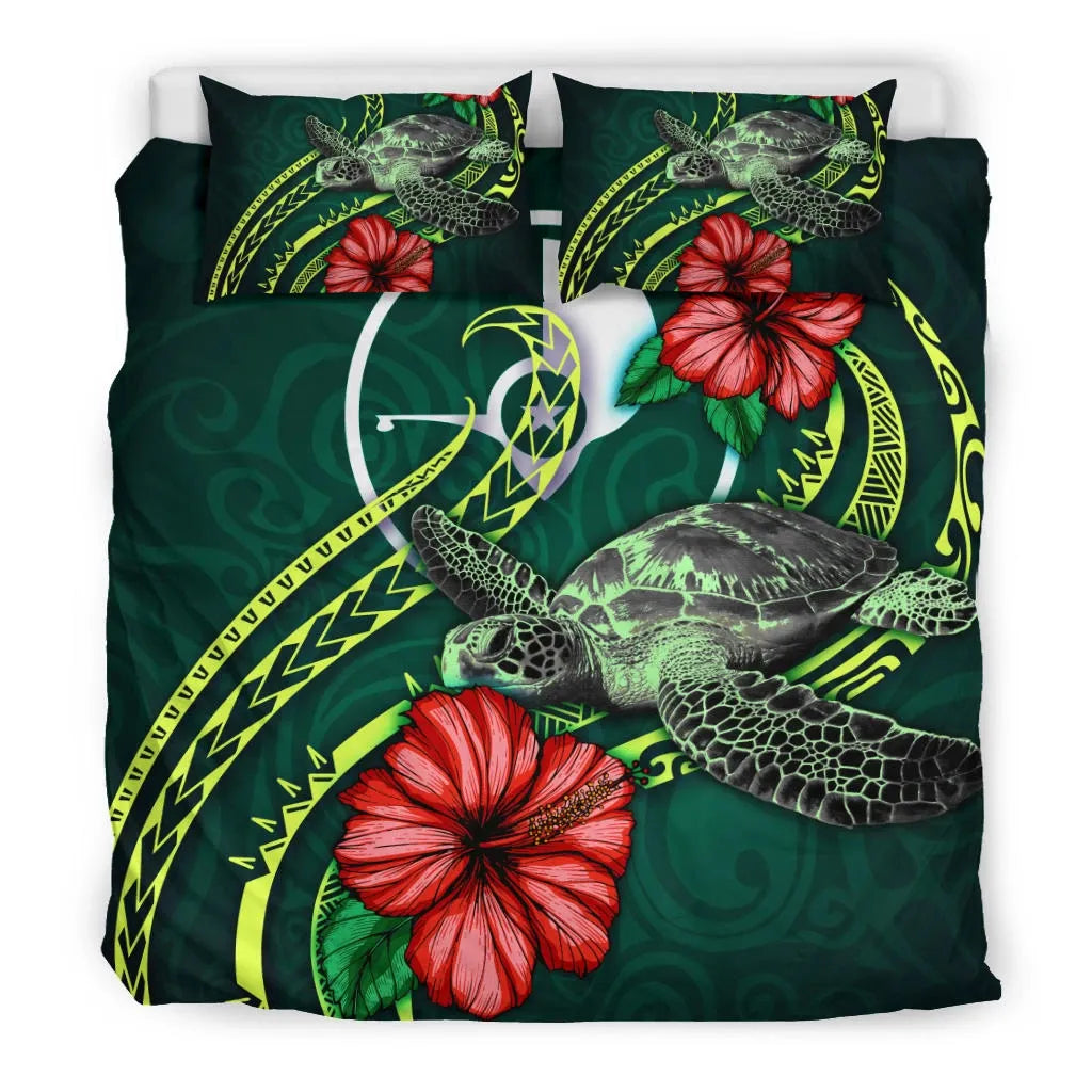 Polynesian Bedding Set - Yap Micronesia Duvet Cover Set Green Turtle Hibiscus
