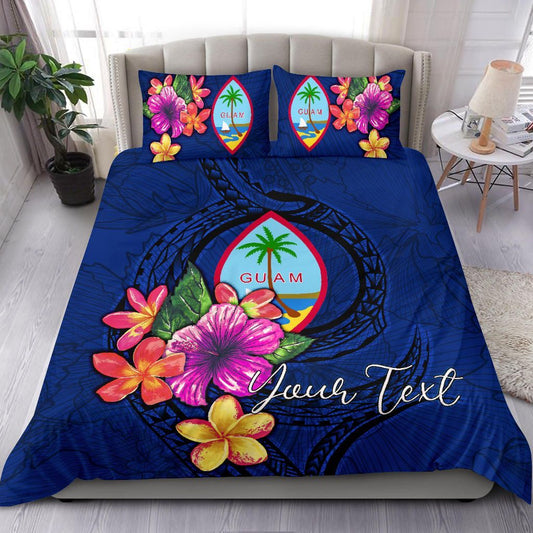 Polynesian Custom Personalised Bedding Set - Guam Duvet Cover Set Floral With Seal Blue