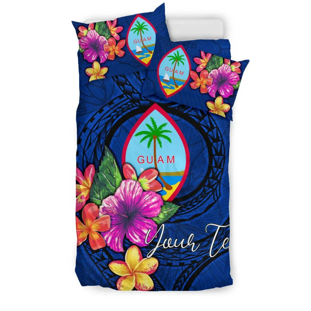 Polynesian Custom Personalised Bedding Set - Guam Duvet Cover Set Floral With Seal Blue