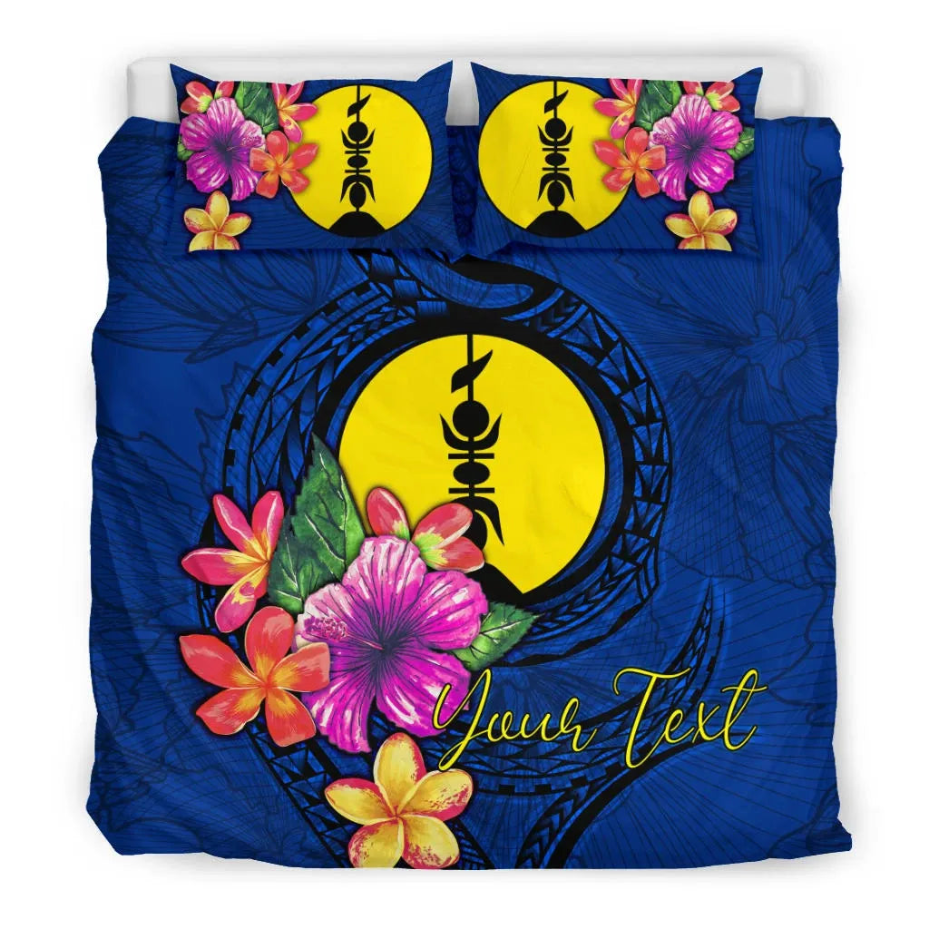 Polynesian Custom Personalised Bedding Set - New Caledonia Duvet Cover Set Floral With Seal Blue