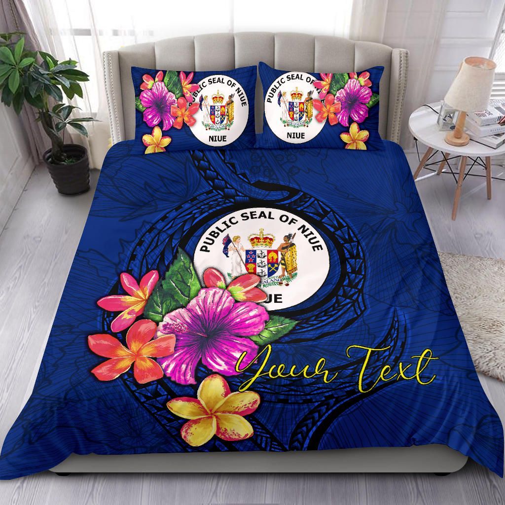 Polynesian Custom Personalised Bedding Set - Niue Duvet Cover Set Floral With Seal Blue