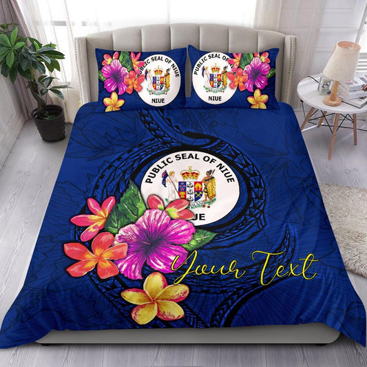 Polynesian Custom Personalised Bedding Set - Niue Duvet Cover Set Floral With Seal Blue
