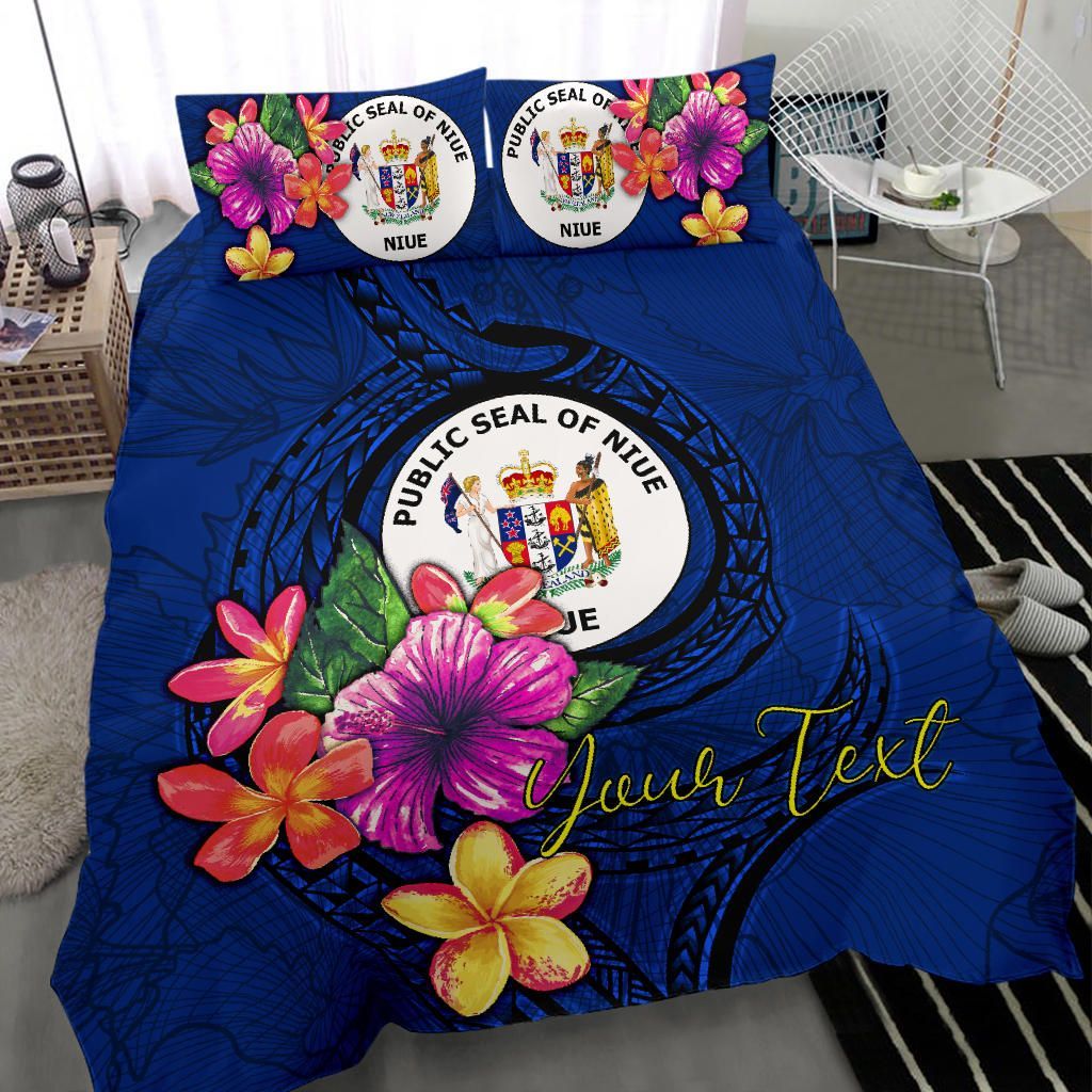 Polynesian Custom Personalised Bedding Set - Niue Duvet Cover Set Floral With Seal Blue