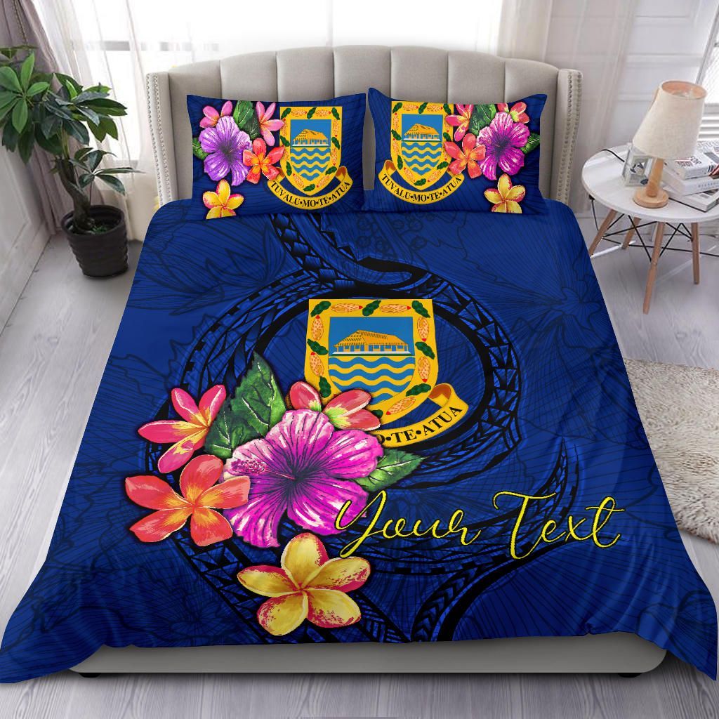 Polynesian Custom Personalised Bedding Set - Tuvalu Duvet Cover Set Floral With Seal Blue