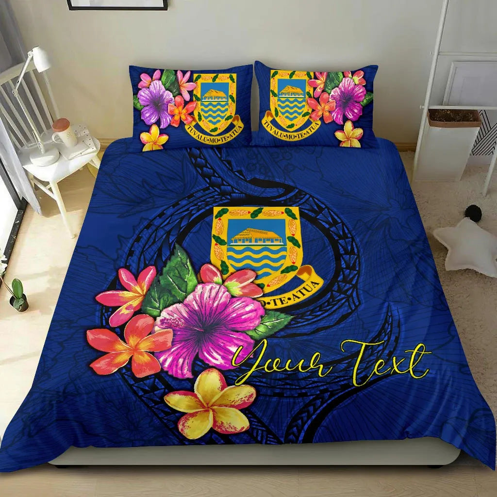 Polynesian Custom Personalised Bedding Set - Tuvalu Duvet Cover Set Floral With Seal Blue