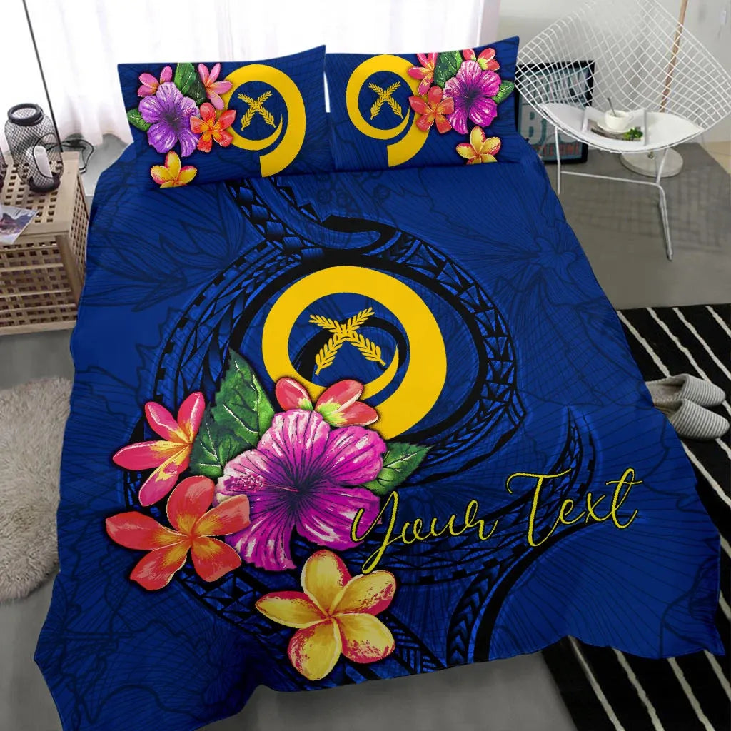 Polynesian Custom Personalised Bedding Set - Vanuatu Duvet Cover Set Floral With Seal Blue