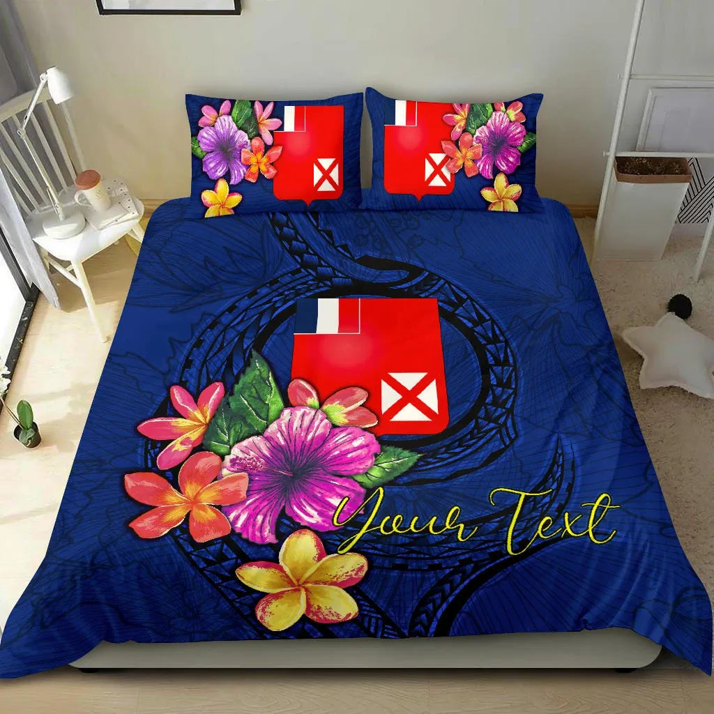 Polynesian Custom Personalised Bedding Set - Wallis And Futuna Duvet Cover Set Floral With Seal Blue