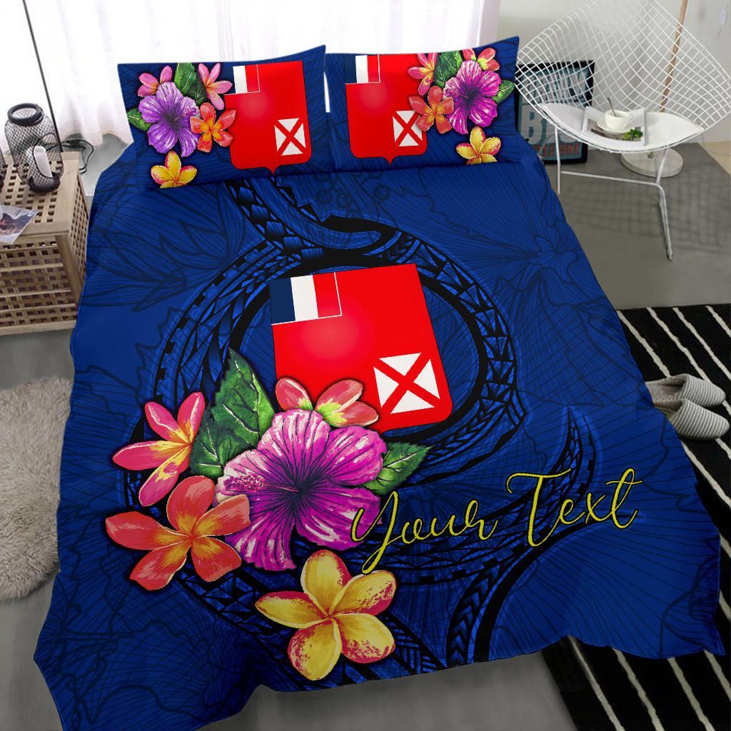 Polynesian Custom Personalised Bedding Set - Wallis And Futuna Duvet Cover Set Floral With Seal Blue