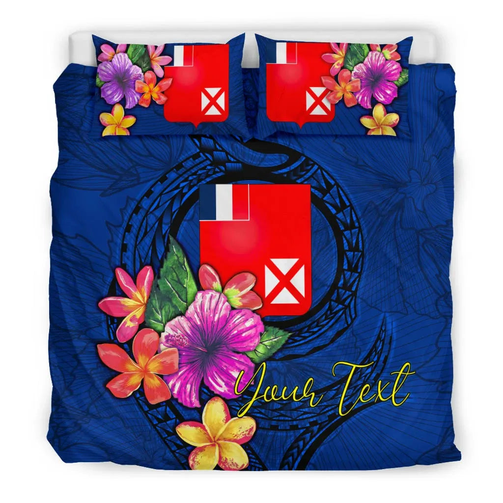 Polynesian Custom Personalised Bedding Set - Wallis And Futuna Duvet Cover Set Floral With Seal Blue