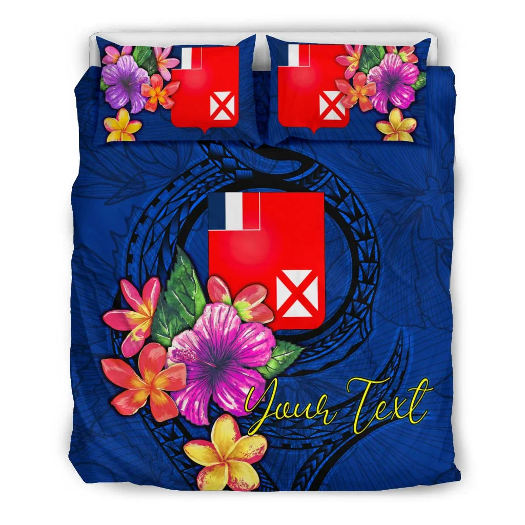 Polynesian Custom Personalised Bedding Set - Wallis And Futuna Duvet Cover Set Floral With Seal Blue