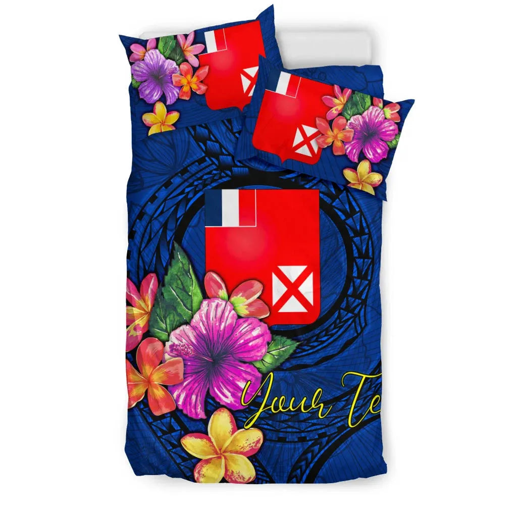 Polynesian Custom Personalised Bedding Set - Wallis And Futuna Duvet Cover Set Floral With Seal Blue