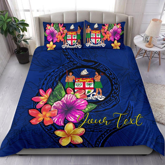 Polynesian Custom Personalised Bedding Set - Fiji Duvet Cover Set Floral With Seal Blue