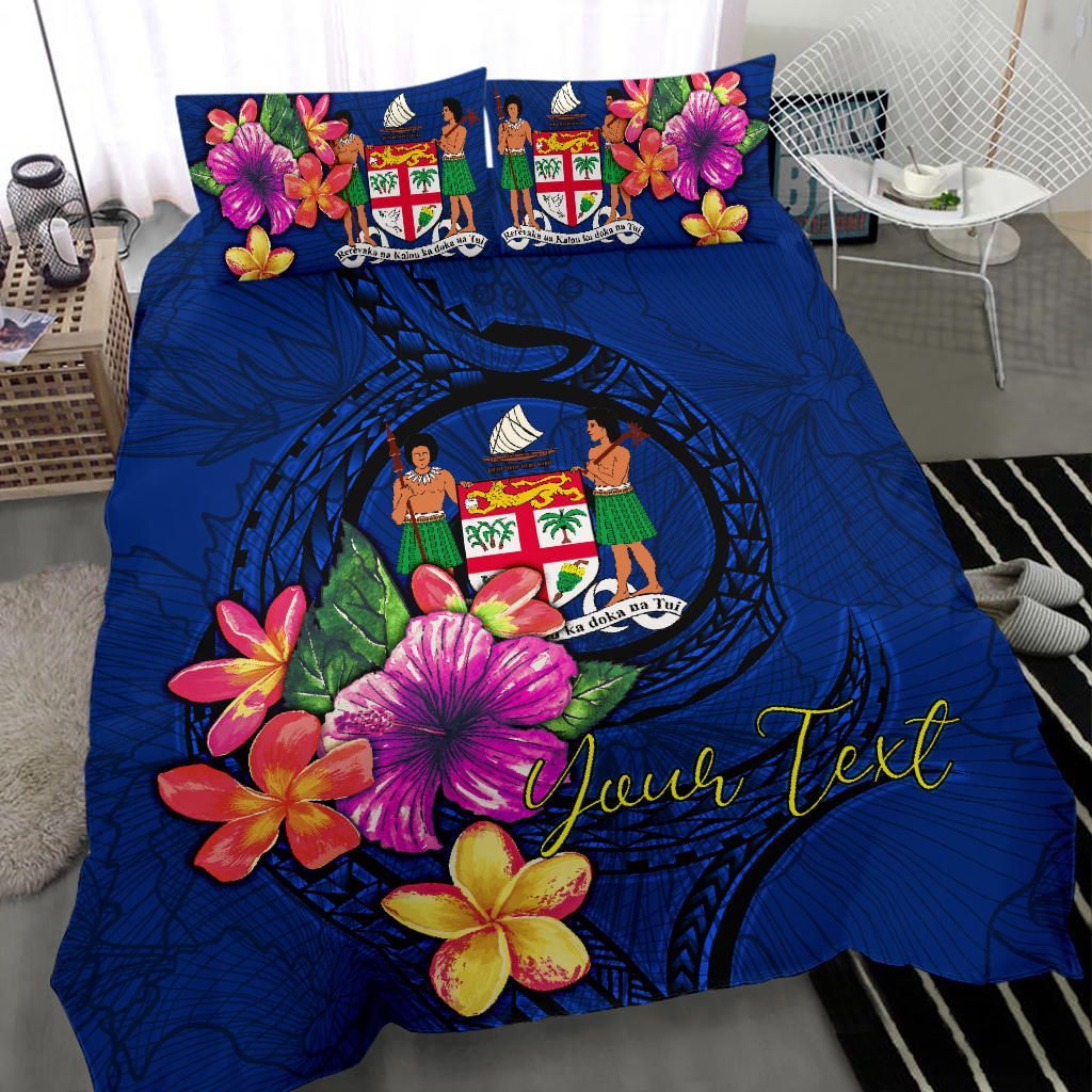 Polynesian Custom Personalised Bedding Set - Fiji Duvet Cover Set Floral With Seal Blue