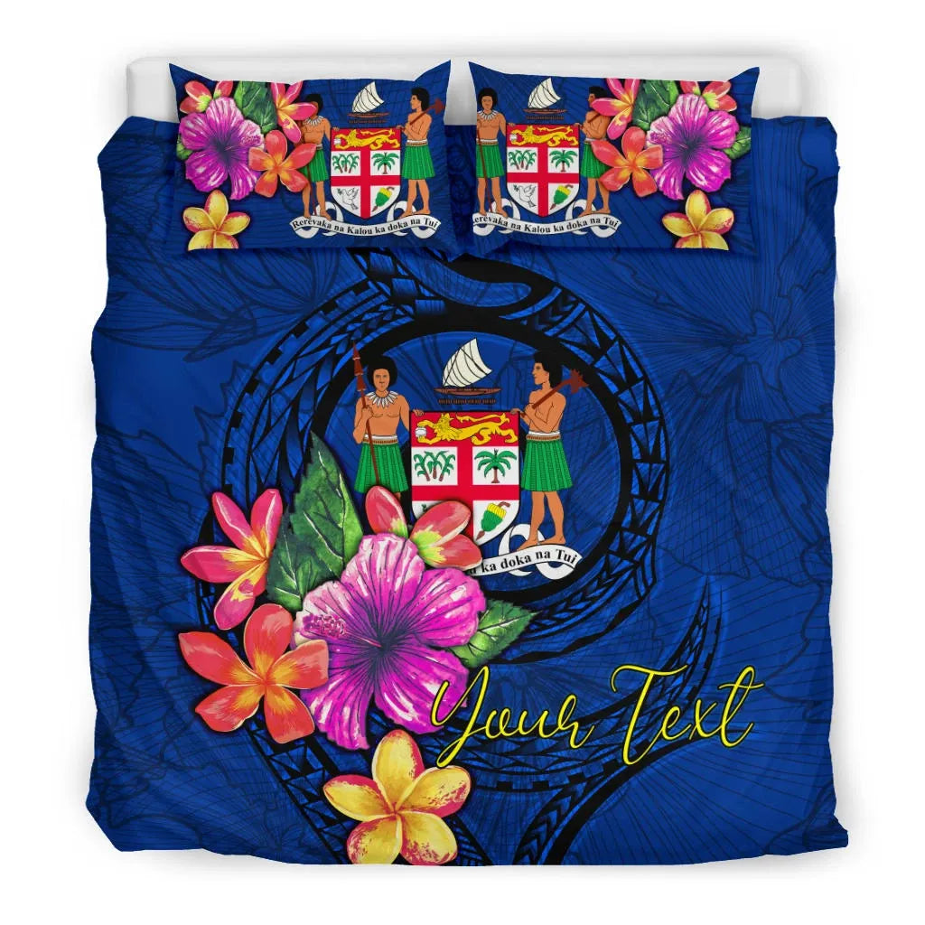 Polynesian Custom Personalised Bedding Set - Fiji Duvet Cover Set Floral With Seal Blue