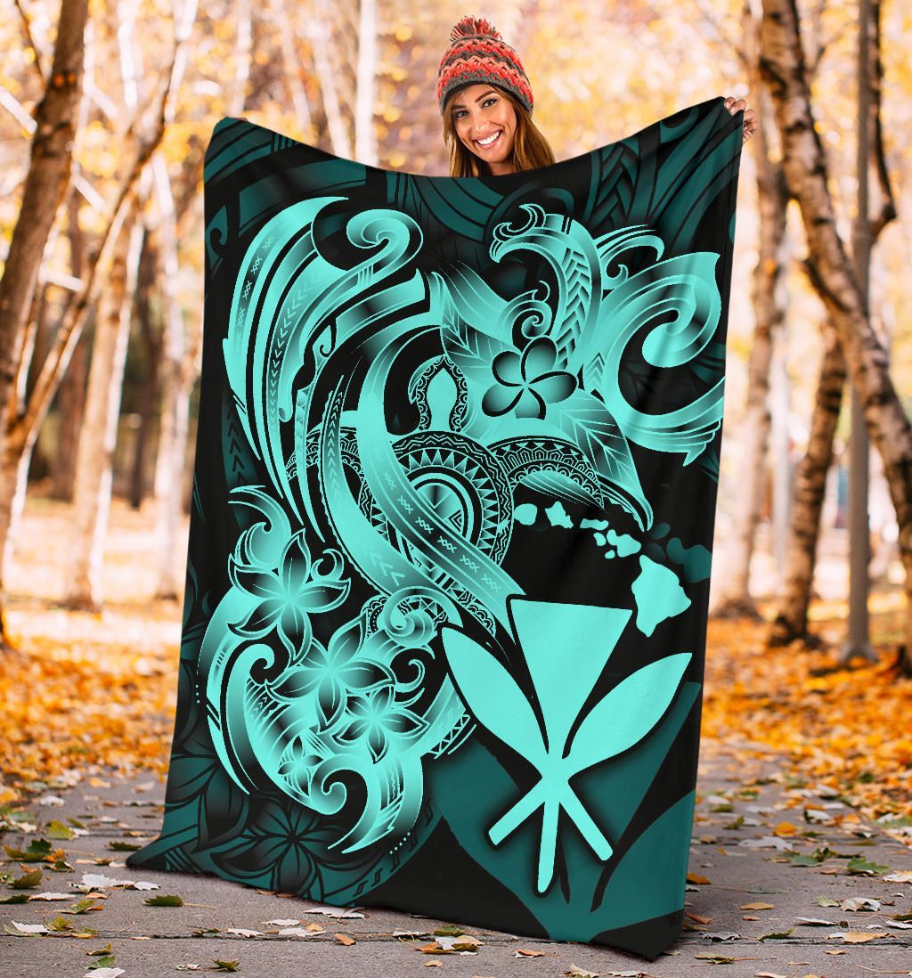 Polynesian Hawaii All Over Premium Blanket - Kanaka Maoli Blue Turtle