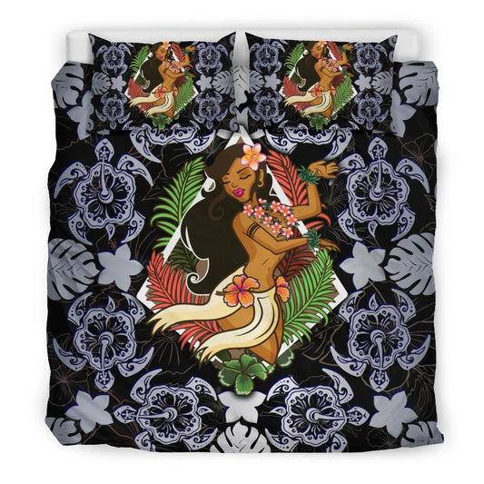 Polynesian Hawaii Duvet Cover Set - Hawaiian Girl Silver