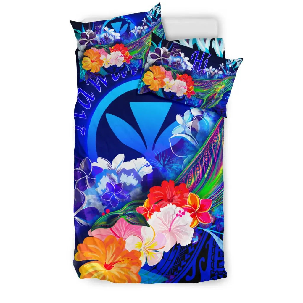Polynesian Hawaii Bedding Set - Kanaka Maoli Humpback Whale With Tropical Flowers (Blue)