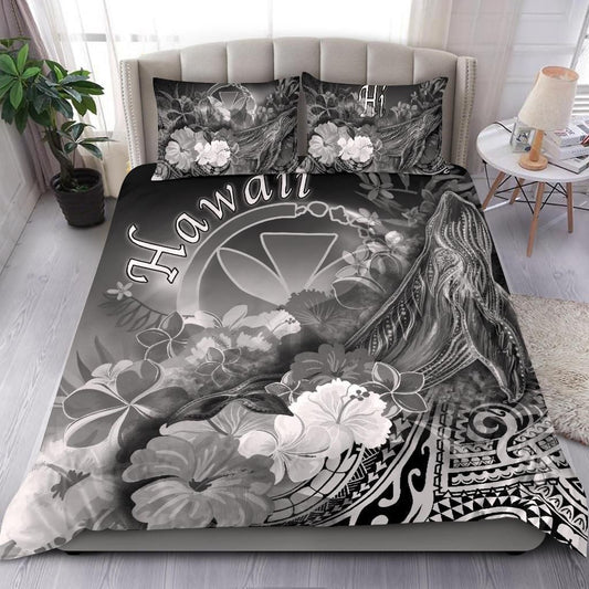 Polynesian Hawaii Bedding Set - Kanaka Maoli Humpback Whale With Tropical Flowers (White)