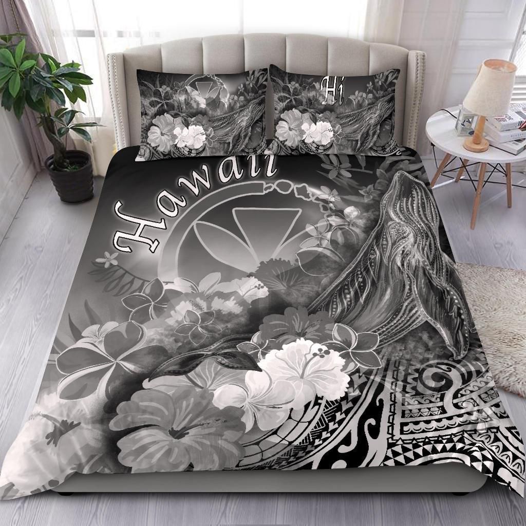 Polynesian Hawaii Bedding Set - Kanaka Maoli Humpback Whale With Tropical Flowers (White)