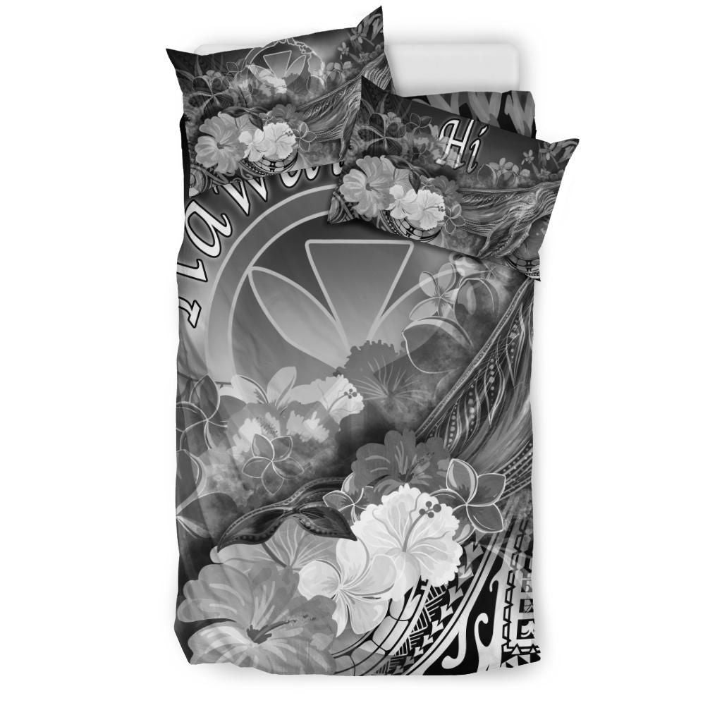 Polynesian Hawaii Bedding Set - Kanaka Maoli Humpback Whale With Tropical Flowers (White)