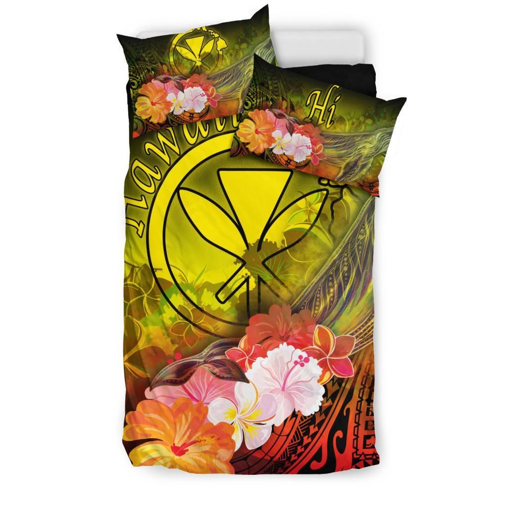 Polynesian Hawaii Bedding Set - Kanaka Maoli Humpback Whale With Tropical Flowers (Yellow)